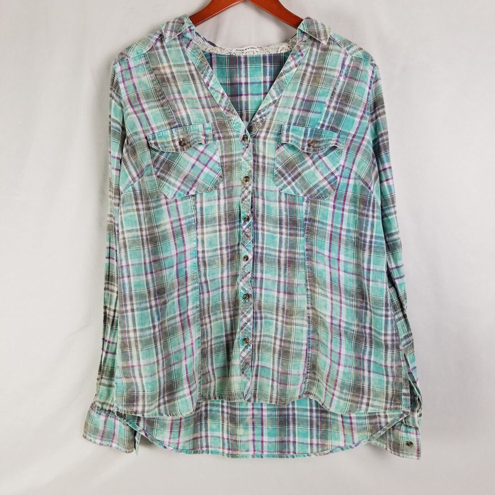 Maurices Shirt Womens 0 Blue Top Plaid Long Sleeve Collared V Button Up Pockets